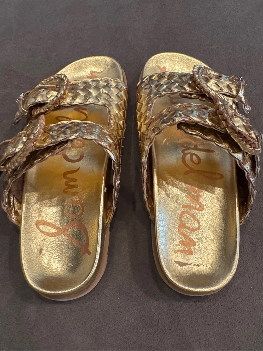 Sam Edelman Women's Woven Double-Buckle Slide Sandals in Metallic Gold
